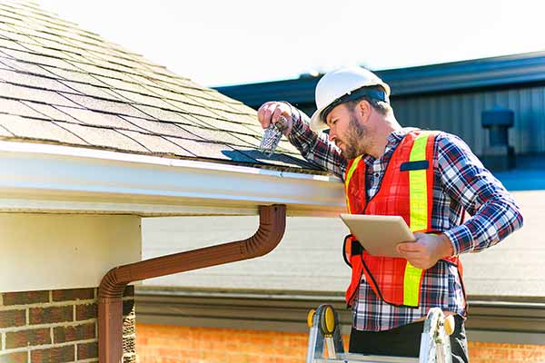Worker with a white hard hat and orange vest inspecting a residential roof